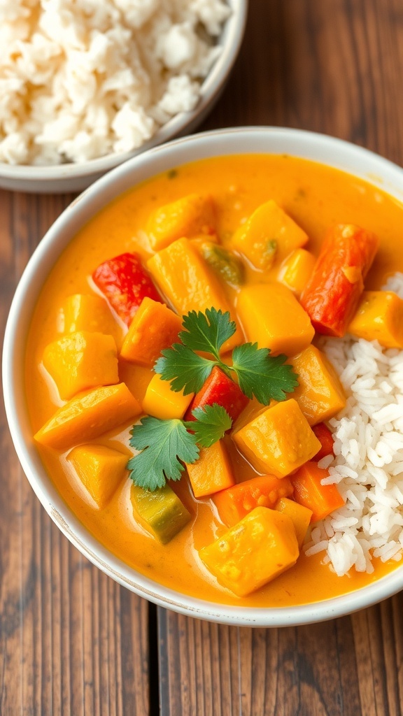 A bowl of mild coconut curry with mixed vegetables and cilantro, served with rice on a rustic table.